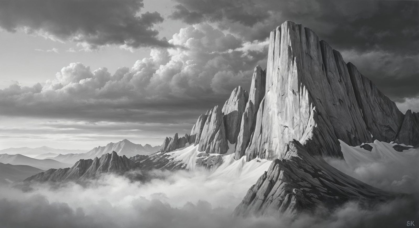 Monochrome Mountain Landscape Oil Painting