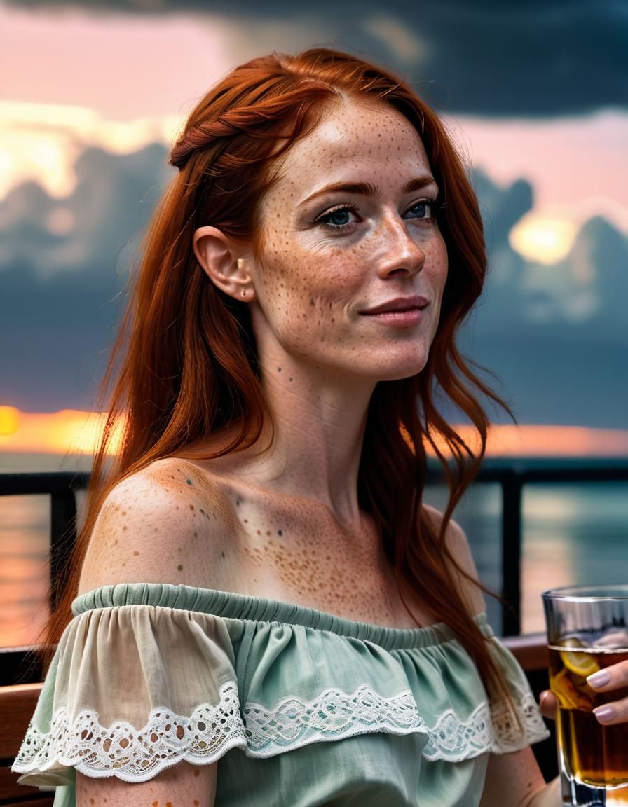 Ethereal Elf Woman at Beach Bar in Renaissance Style