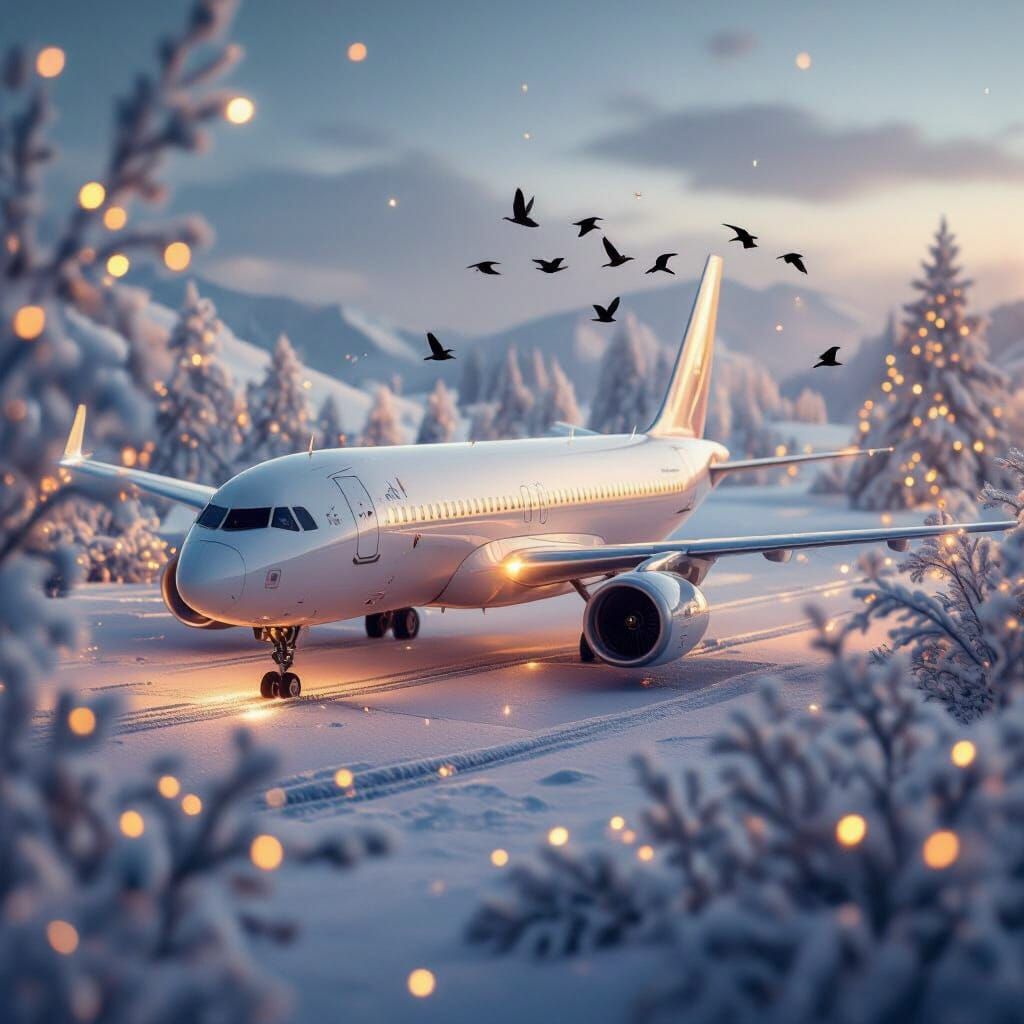 Warm Airplane in Cold Christmas Air with Birds