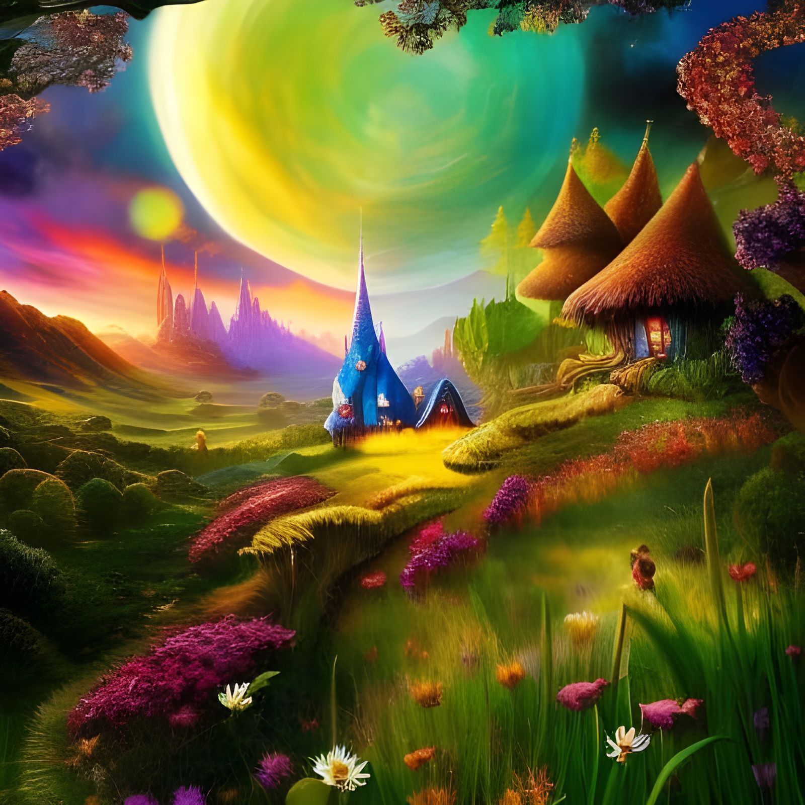 Colorful Fairy Village in Dream Evening Light