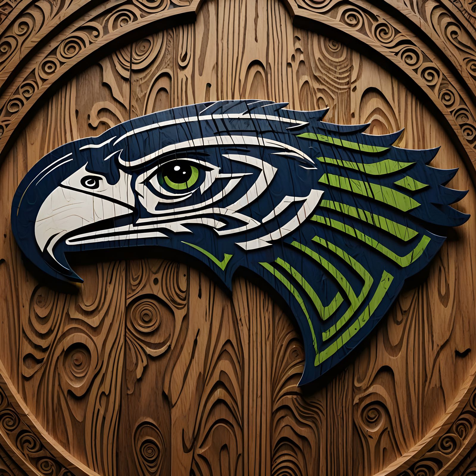 Seattle Seahawks Logo in Detailed Wood Carving
