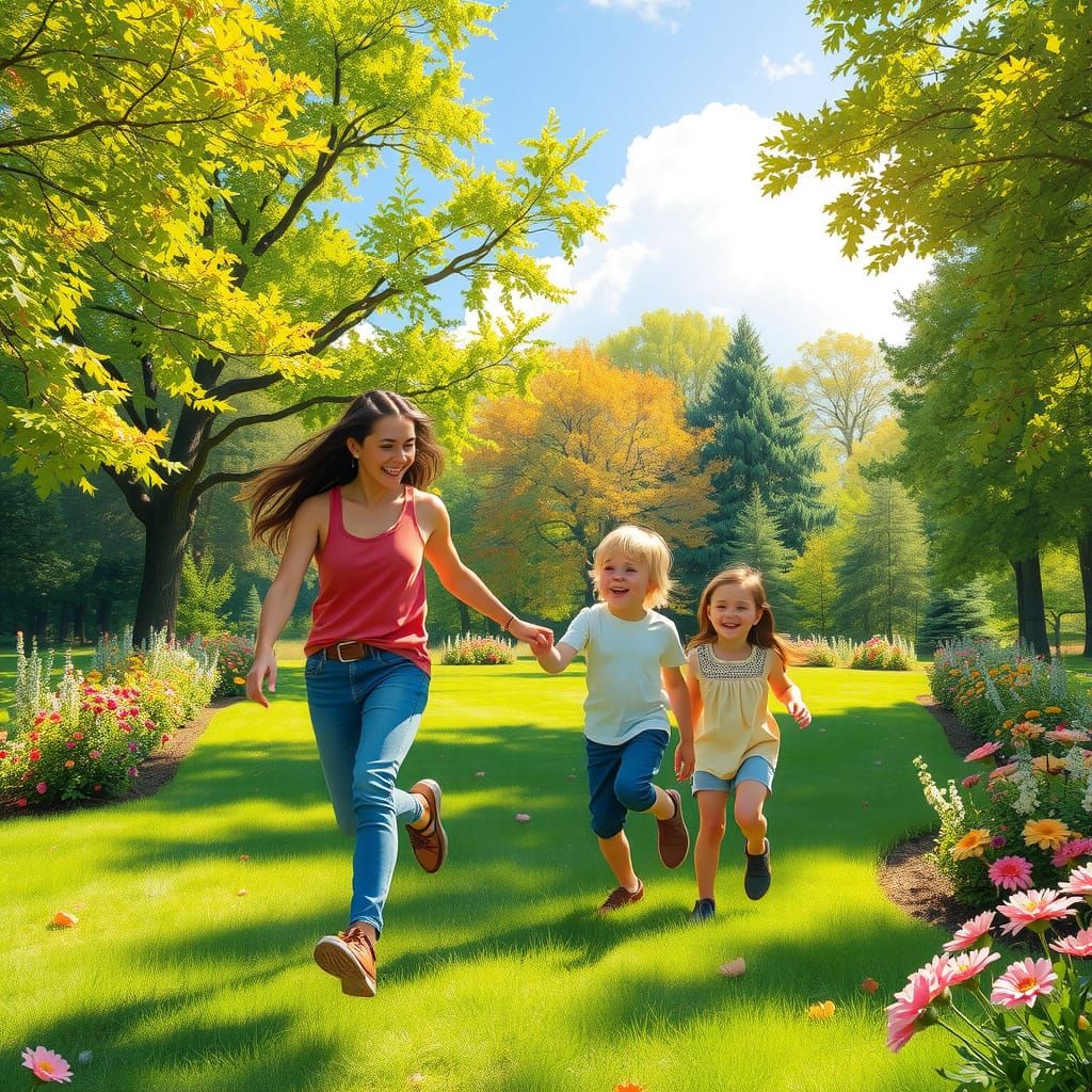 Joyful Family Playing Tag in Sunny Park