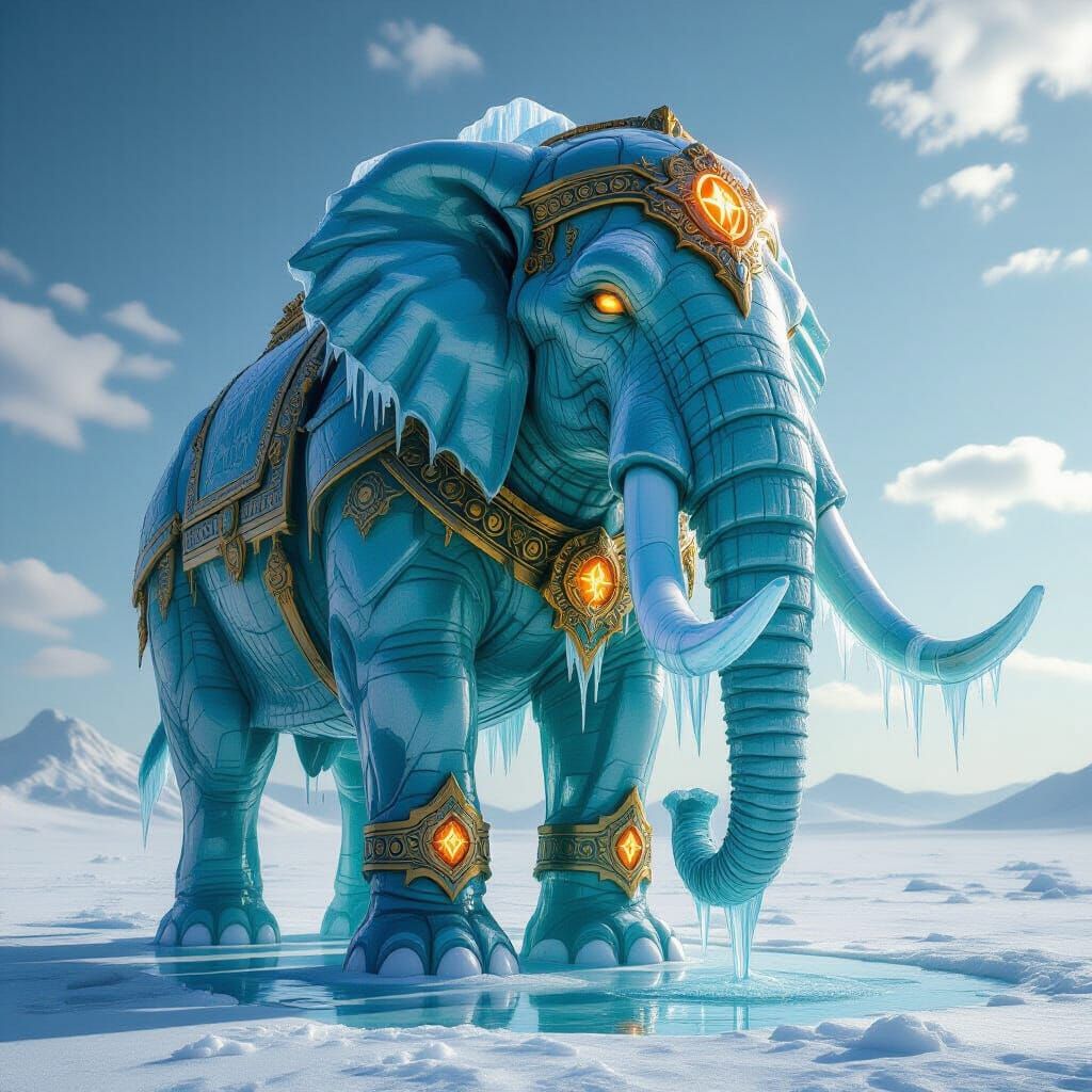 Melting Armored Elephant Ice Sculpture in Desert Sun