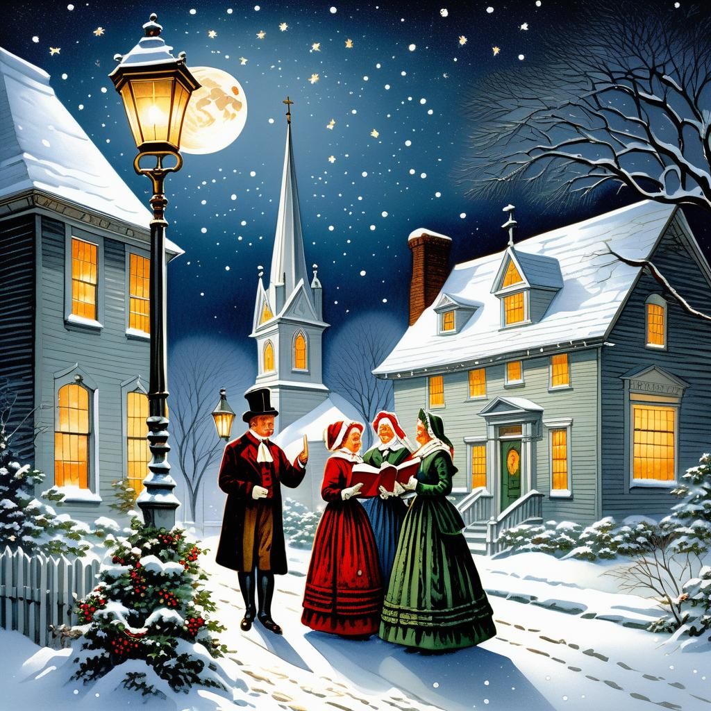 Victorian Christmas Carolers under a Sparkling Streetlamp