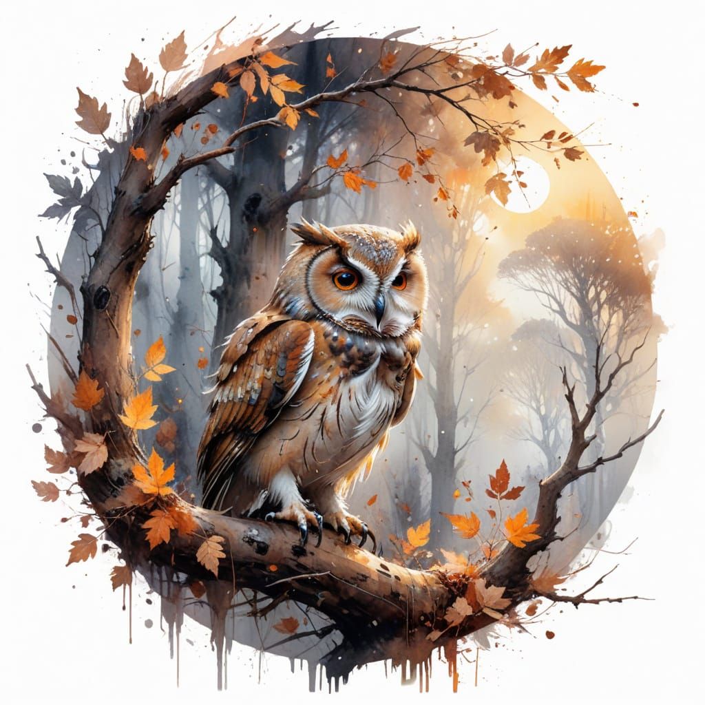 Mysterious Oak Owl in Autumn Woodland