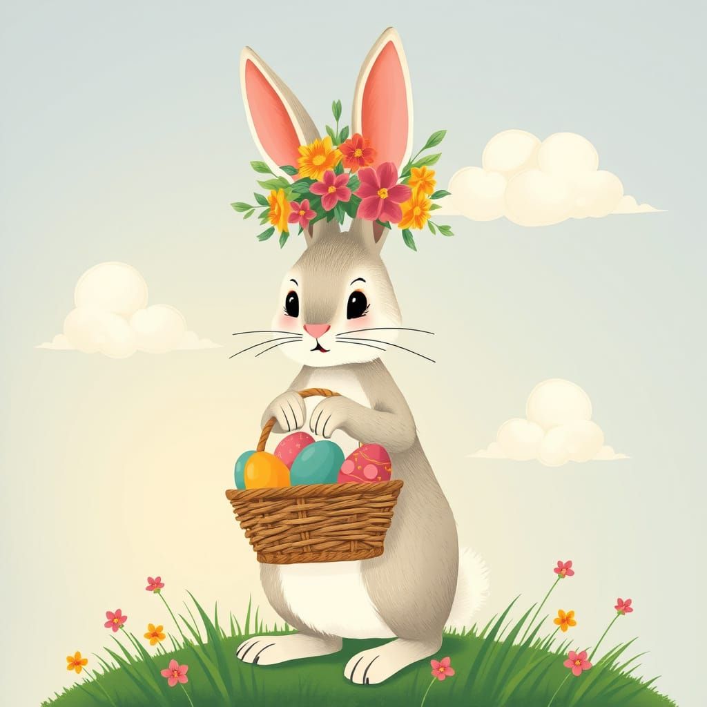 Whimsical Easter Bunny in Vibrant Lithographic Style