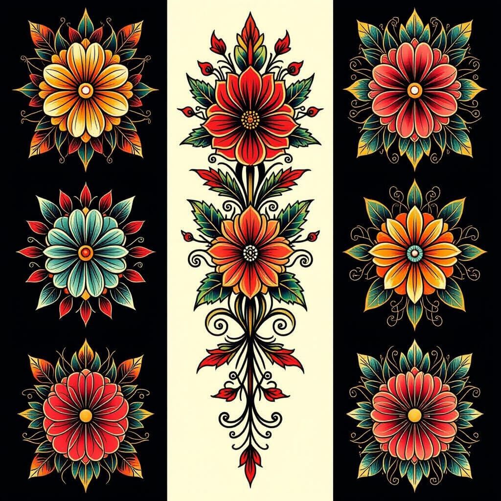 Neotraditional Tattoo Flash Sheet with Floral Designs