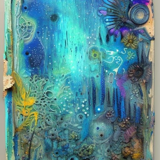"”Summer night, Detailed textured Bioluminescent Blue Glowing mixed media artwork consisting of oil, watercolor, ink, Pa...