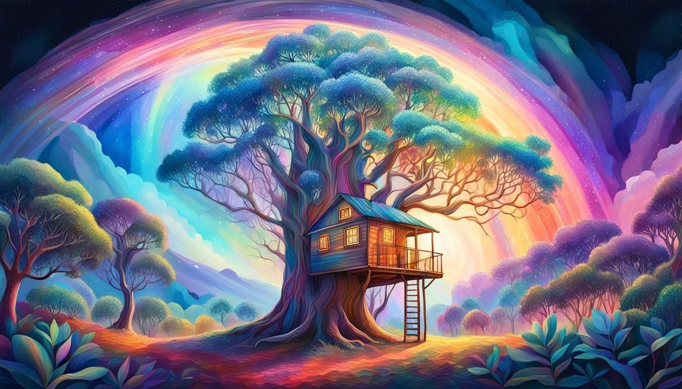 Rainbow Eucalyptus Treehouse: Cosmic Astral Illustration