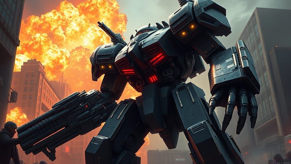 Powerful Mecha Robot in Doomed City, Digital Art