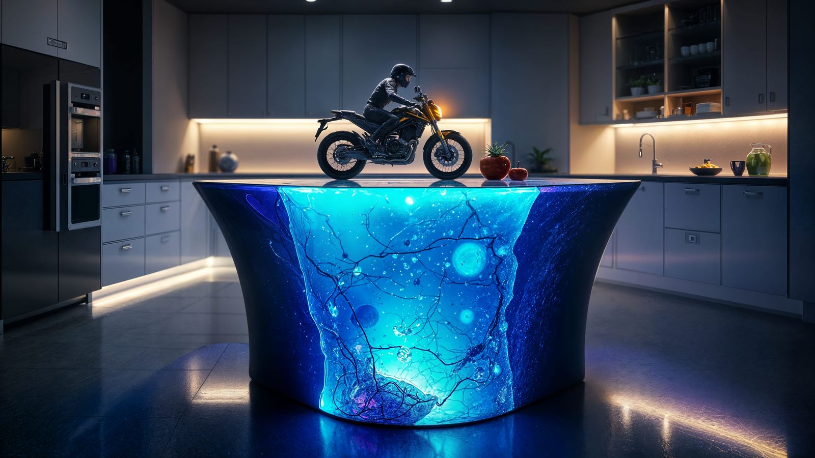 Kitchen island filled with bioluminescent liquid waterfall, ...