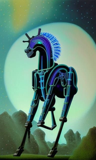 Synthwave Clockwork Skeleton Horse in Oil Painting Style