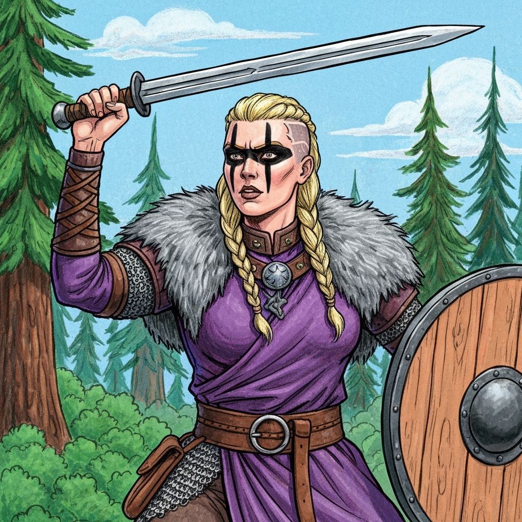 Viking Shieldmaiden Leads Raid: Crayon-Style Illustration