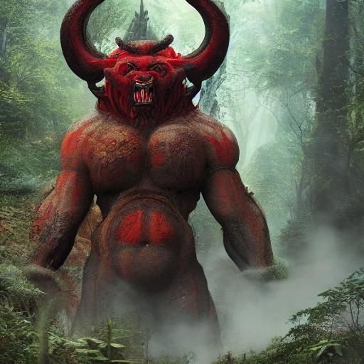 Epic Forest Battle Scene with Red Oni Demon