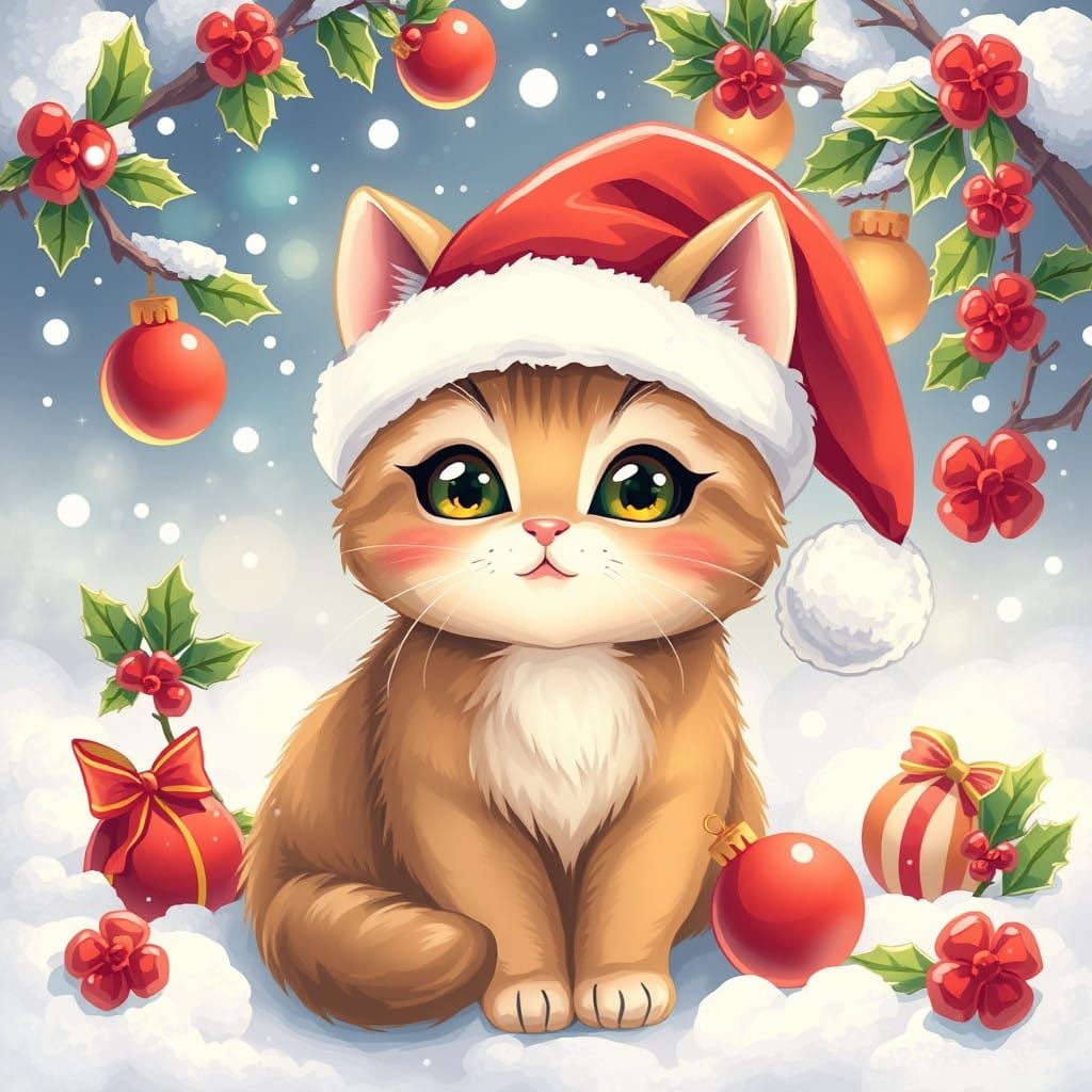 Whimsical Cat in Vibrant Santa Hat