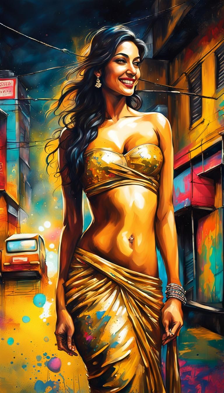 Bollywood Actress in Neon City Graffiti Art