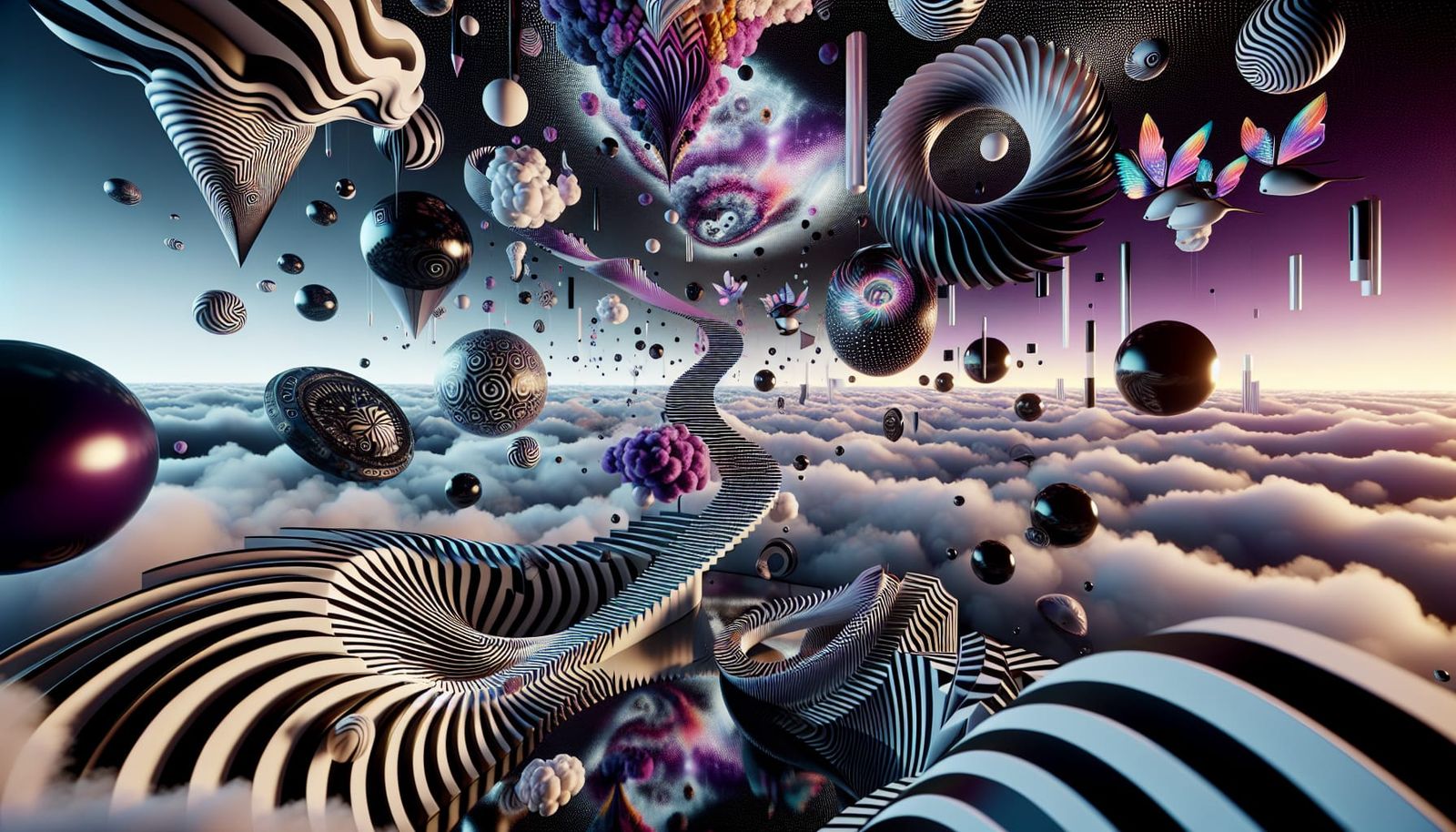 Surreal Vertigo Landscape with Floating Clocks