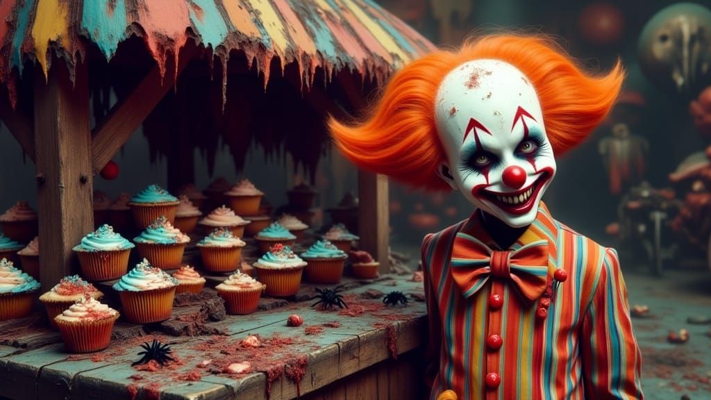 Creepy Clown at Mouldy Cake Stall, Digital Art