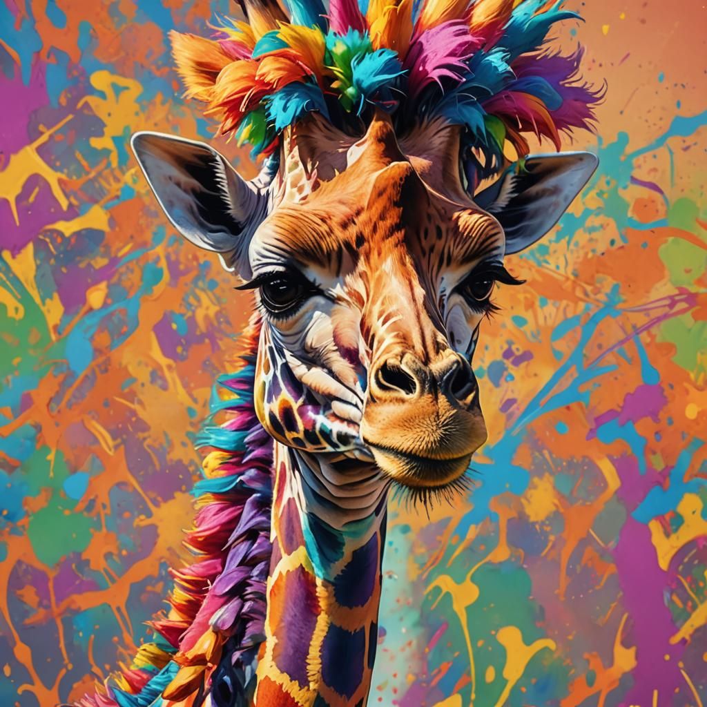 Giraffe with Rainbow Afro in Splash Art Style