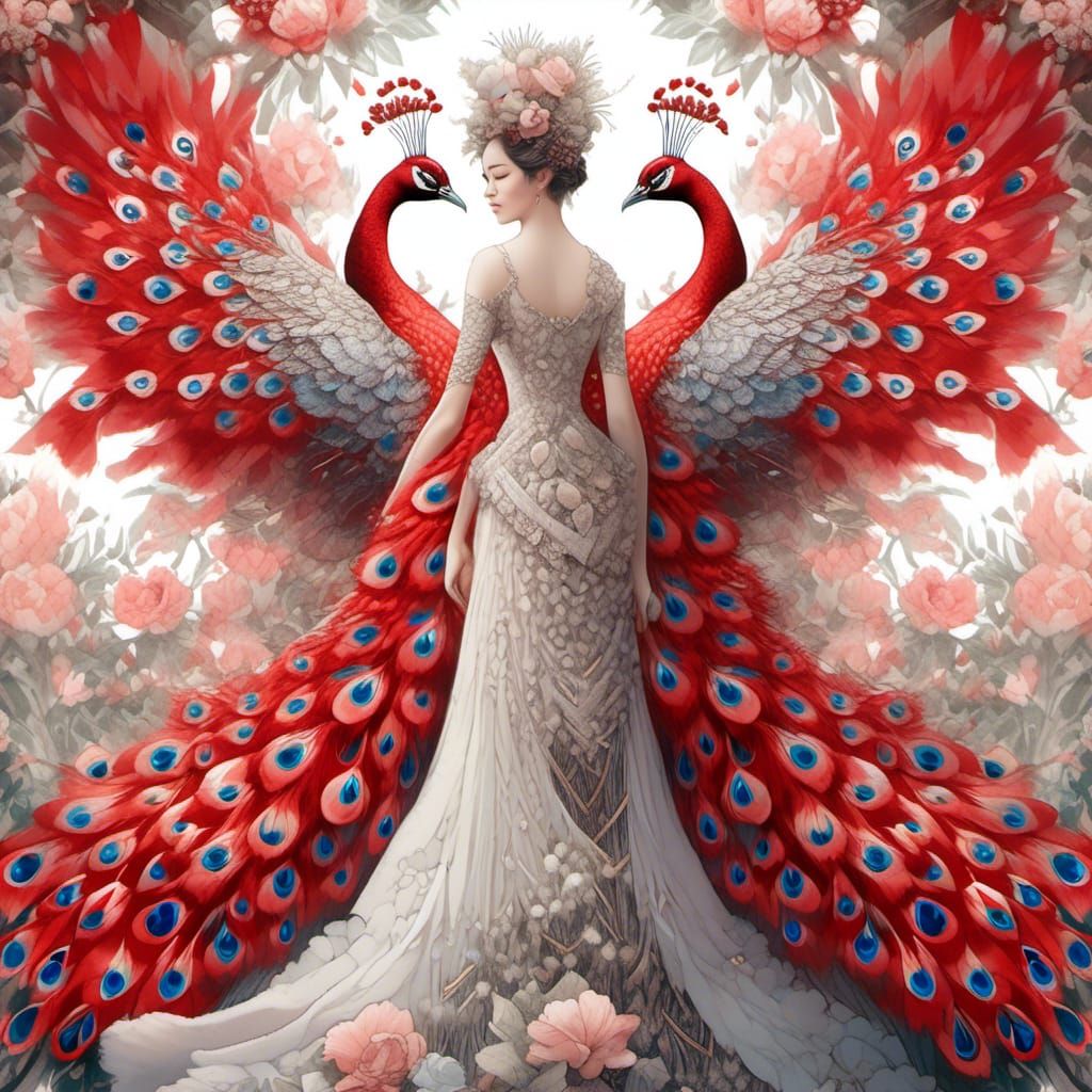 Watercolor Peacock in Christmas Gown, Digital Art