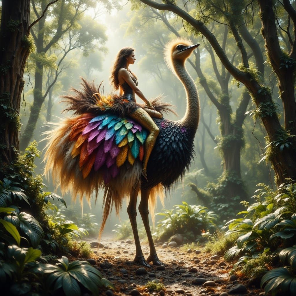 Armored Ostrich Carries Princess in Hyperrealistic Jungle