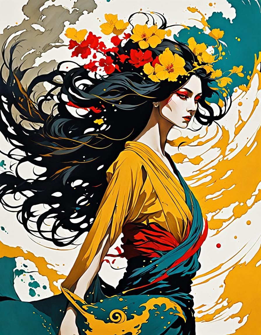 Ancient Crete Woman with Flowing Hair in Ink Drawing Style