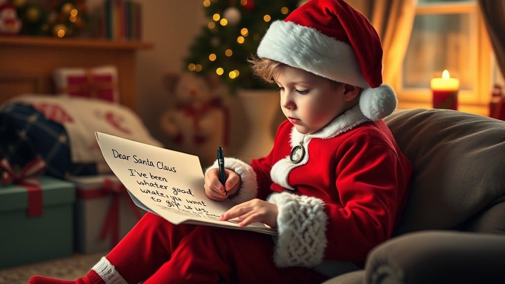 Cheerful Boy Writes to Santa Claus in Festive Room