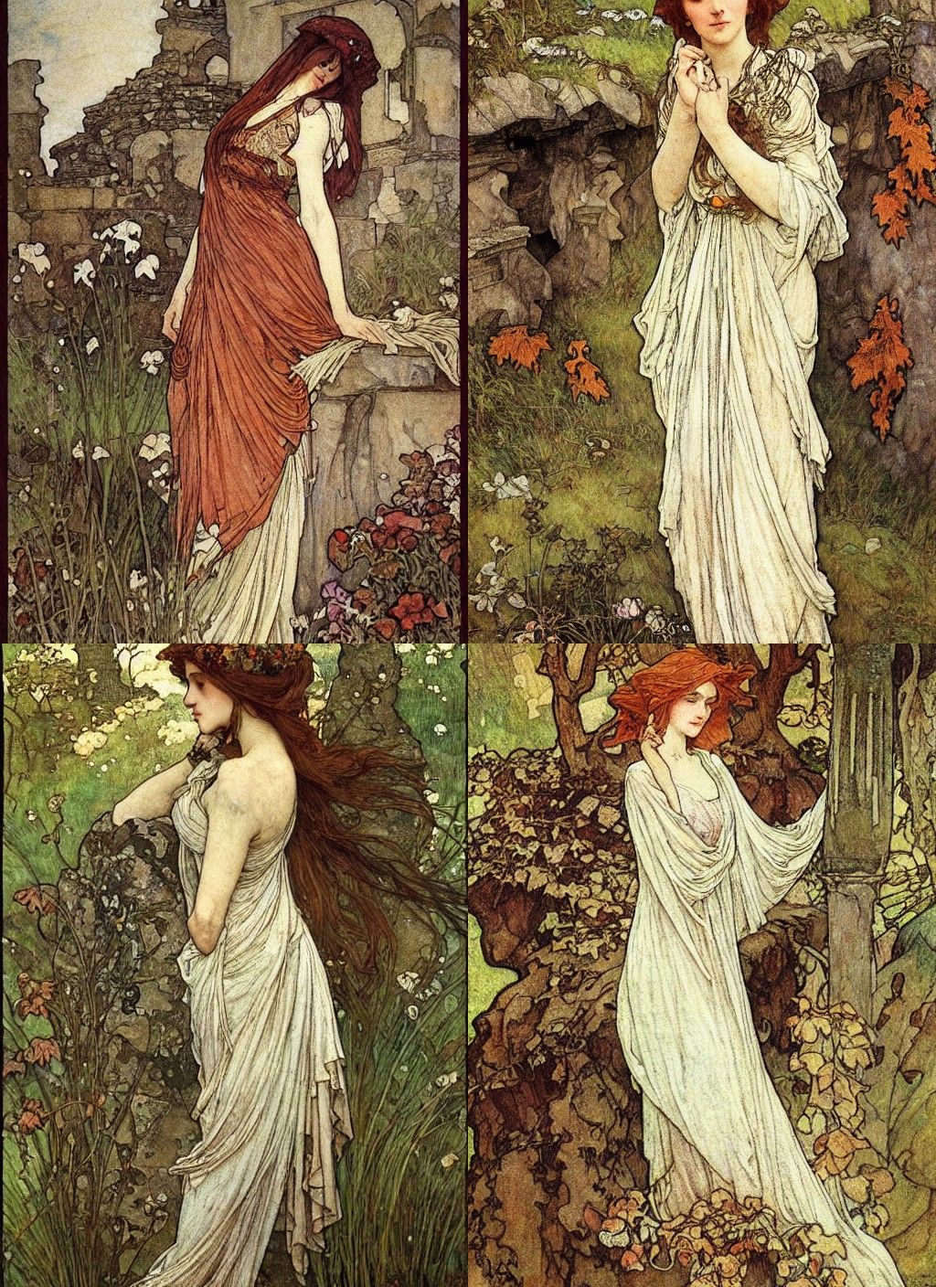 Romantic Woman in Irish Ruins, Art Nouveau Style