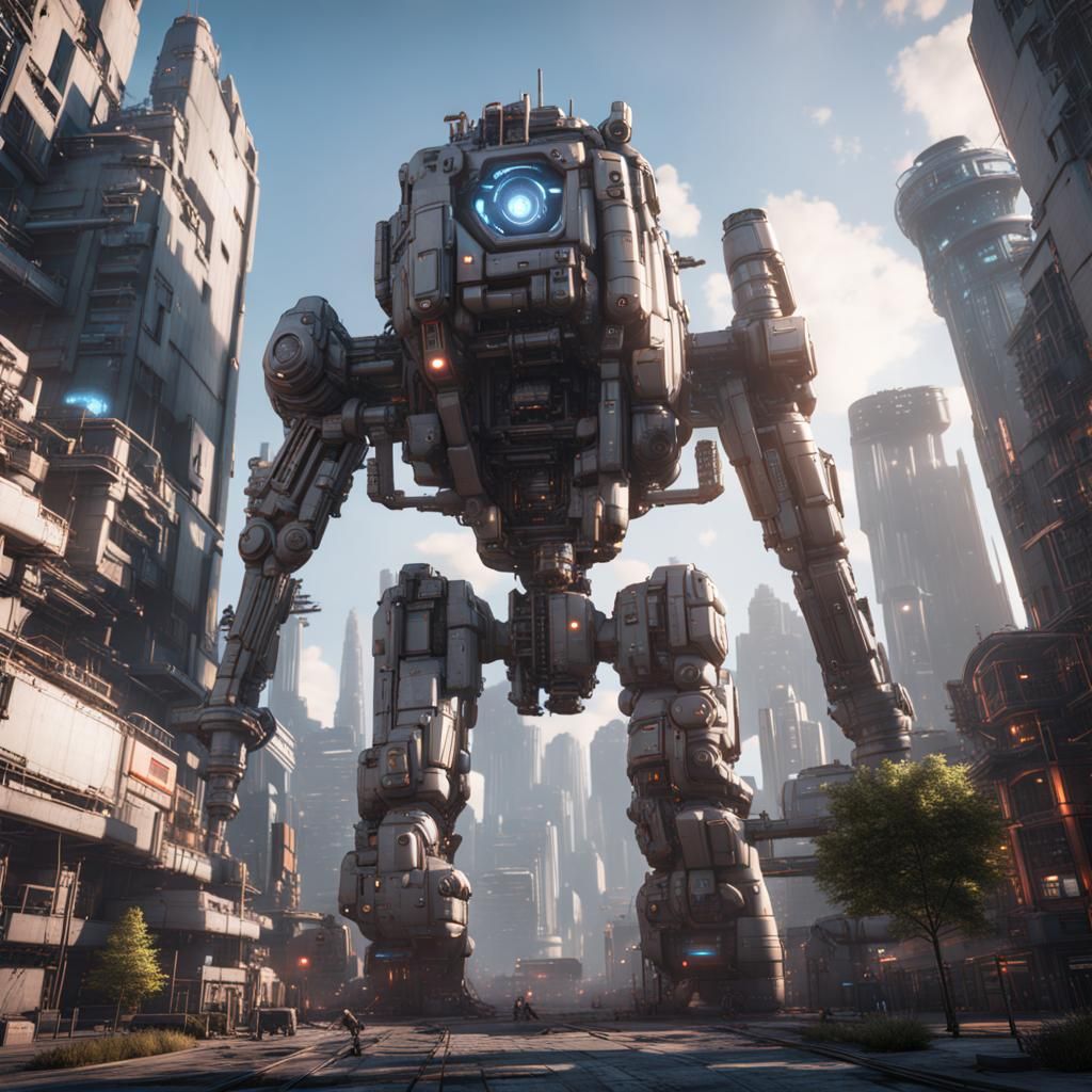 Giant Robot with Bazooka in Hi-Tech City