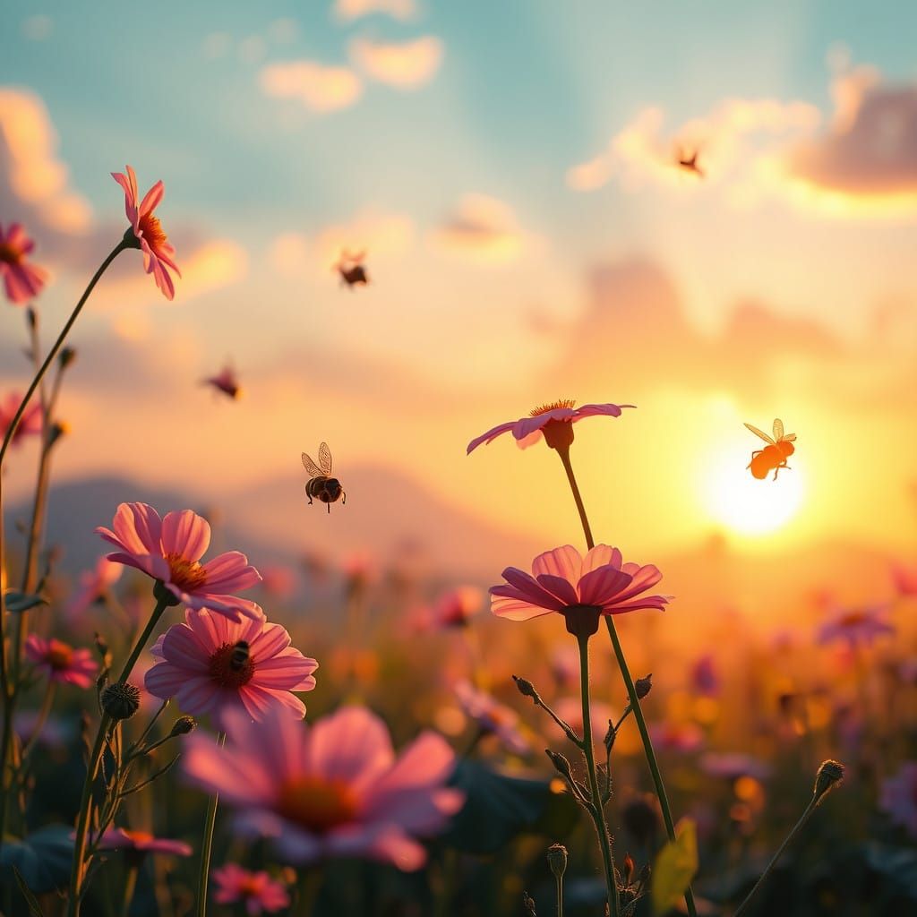 Whimsical Sunrise in Vibrant Meadow with Delicate Flowers an...