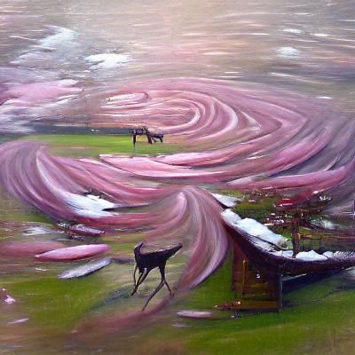 Swirling Black Petals and Snow Tail Deer Oil Painting