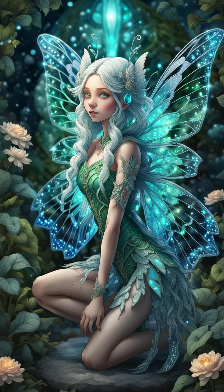 Fairy with Crystal Wings in Garden, Detailed Digital Art