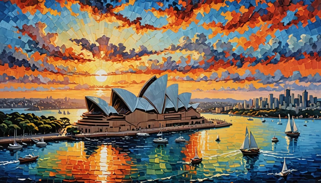 Sydney Opera House Sunset: Impasto Painting in Hokusai Style
