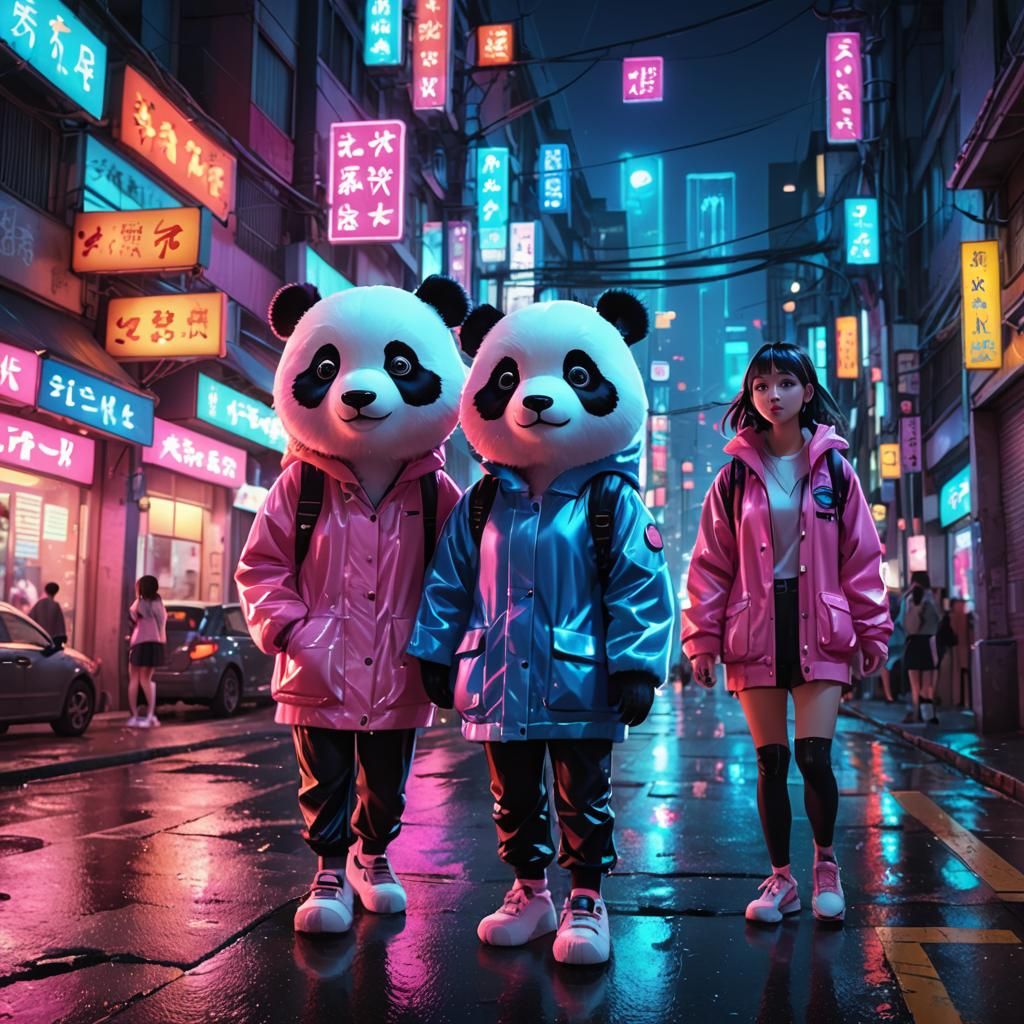 Anime Girls and Panda Bear in Neon Cityscape