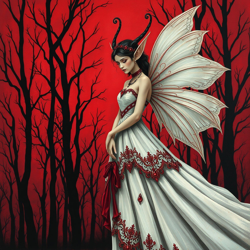 Fairy Elf in Red, Black, and White Dreamscape