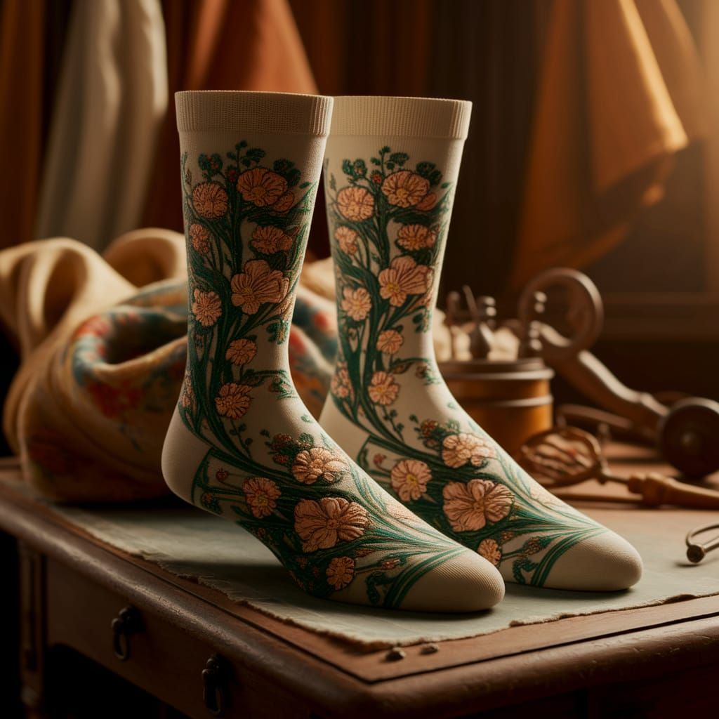 Folk Art Nouveau Socks on Wooden Table