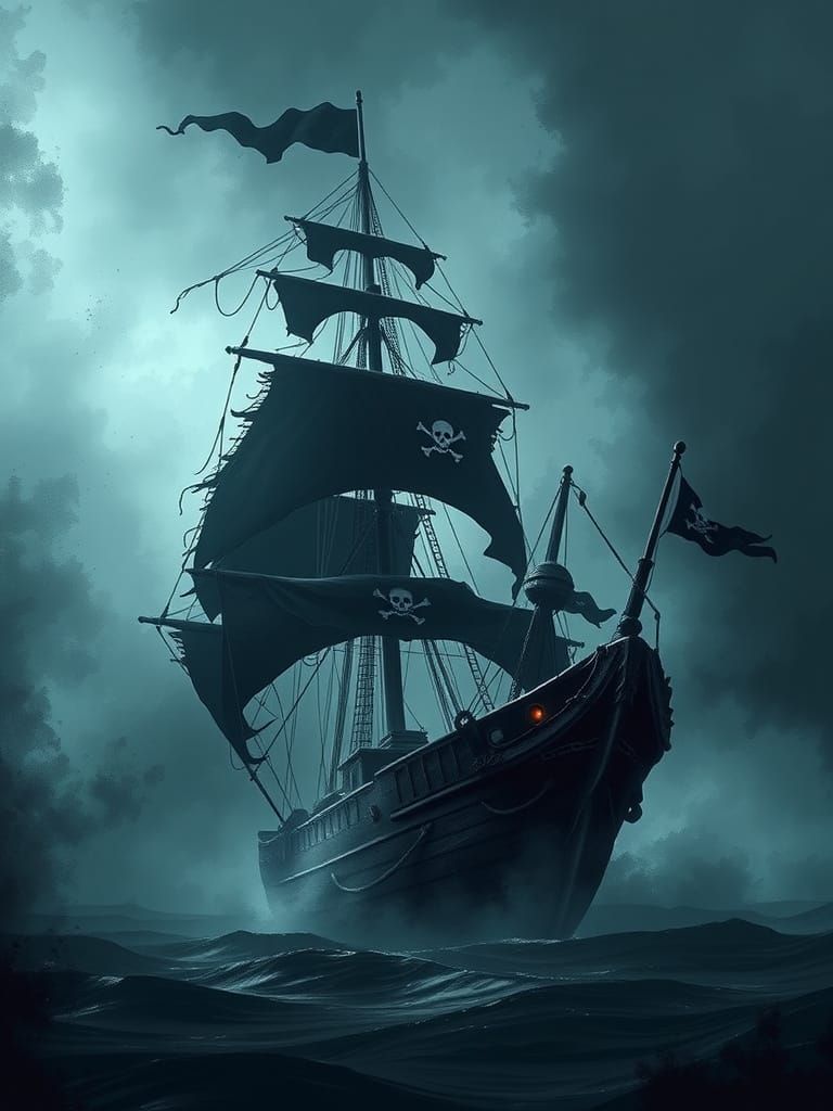 Ghost Pirate Ship Materializing from Mist: Digital Art
