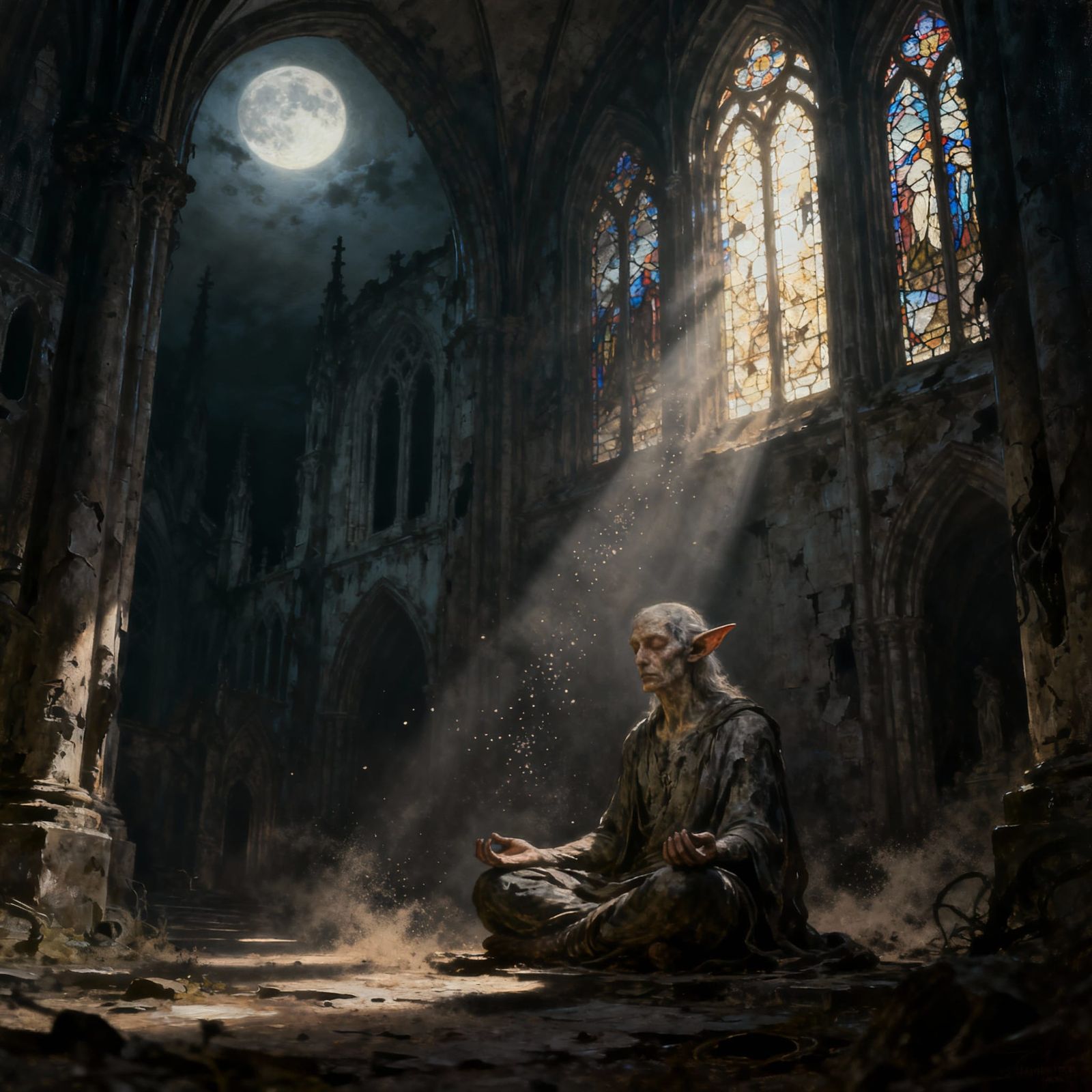 Ancient Elf Meditates in Moonlit Gothic Cathedral