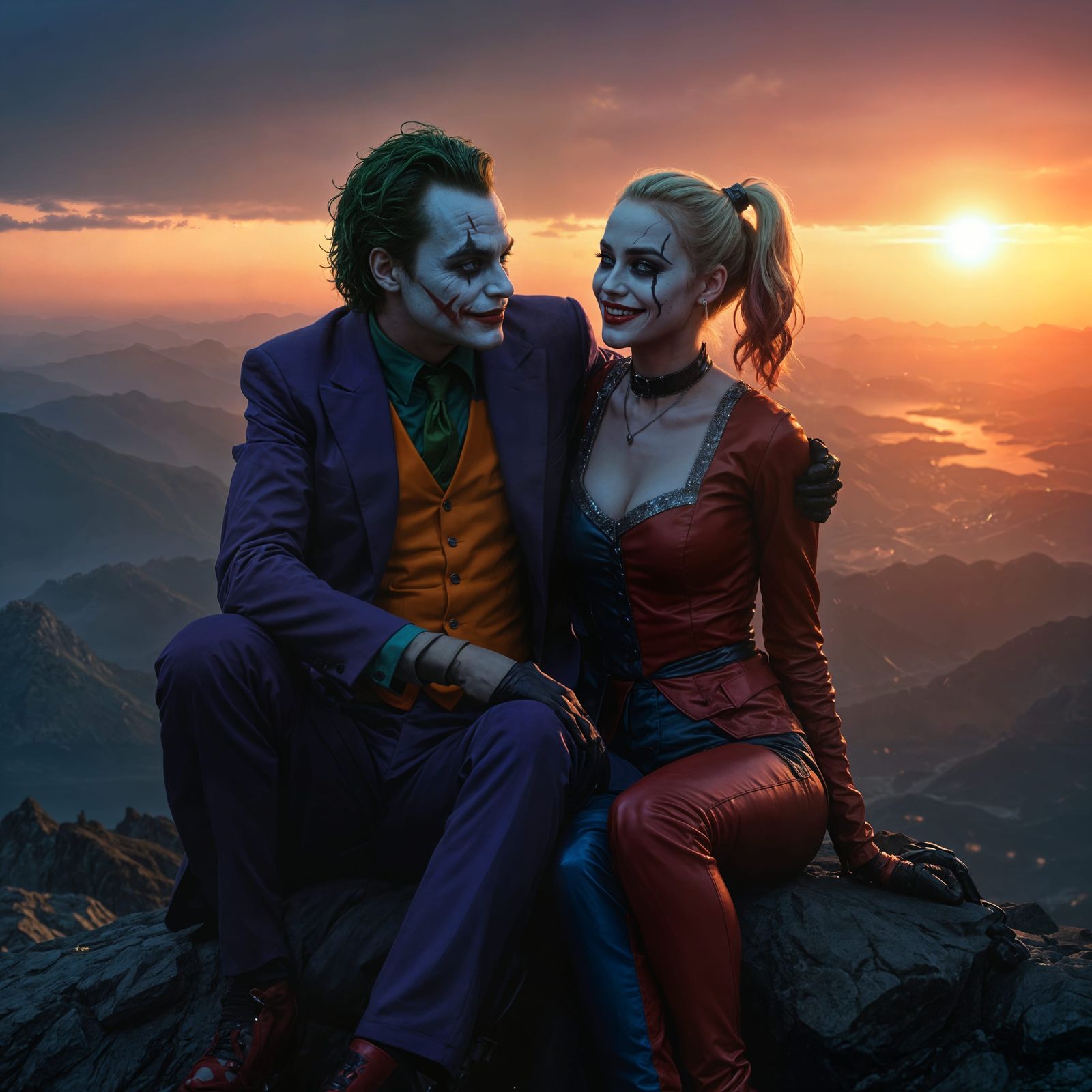 The Joker and Harley Quinn in a Sunset Mountain Scene