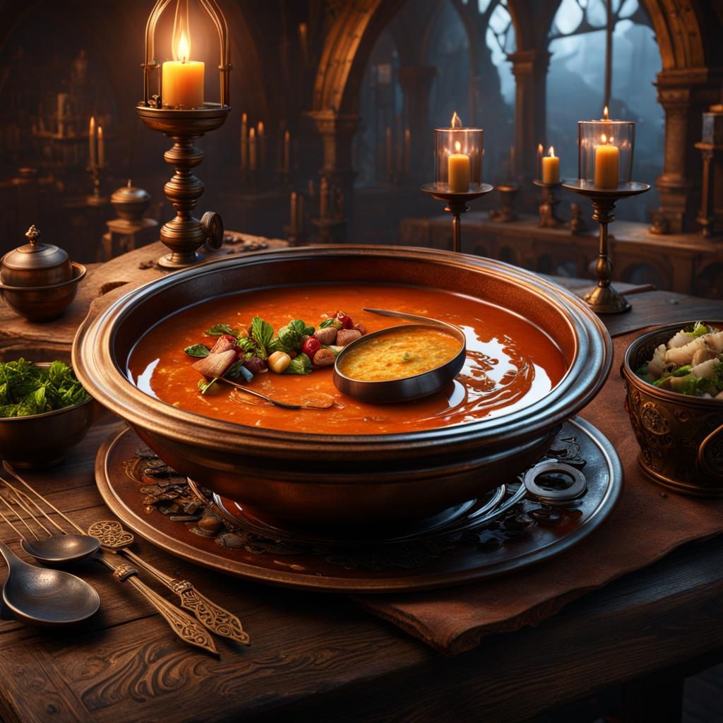 Steampunk Soup on Medieval Table, Detailed Matte Painting