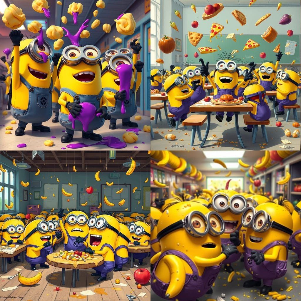 Minions in a Joyful Food Fight in a School Canteen Scene