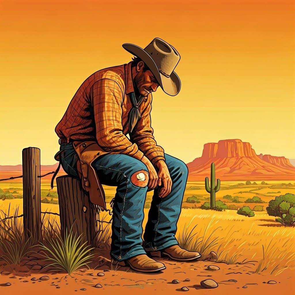 Wounded Cowboy in Texas Sunset, Folk Art Style