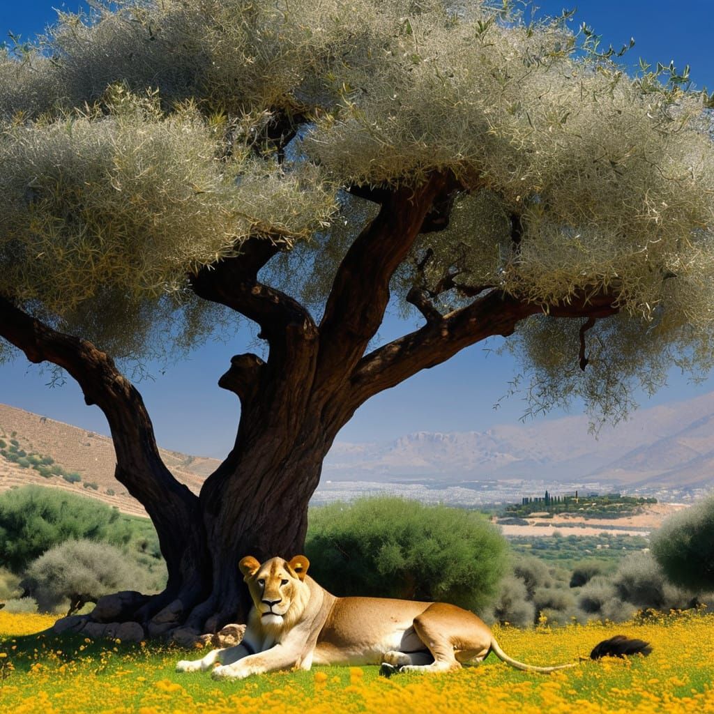 Majestic Asiatic Lion Under Ancient Olive Trees in a Mediter...