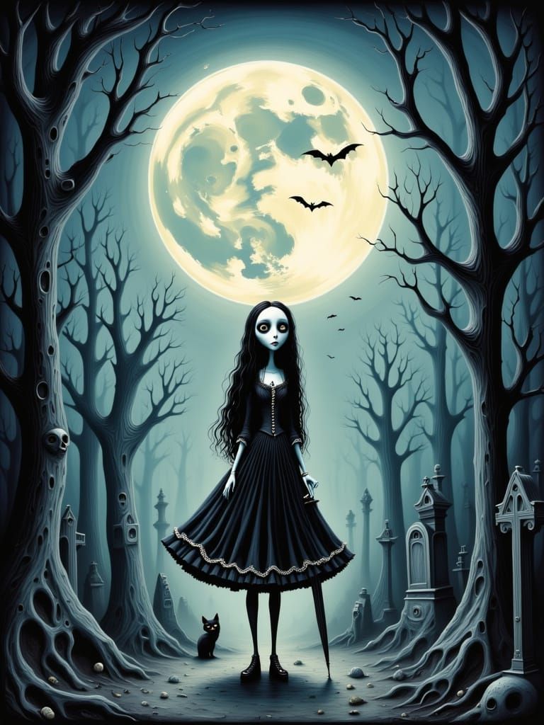 Gothic Girl in Graveyard Under Moonlight, Burtonesque Illust...