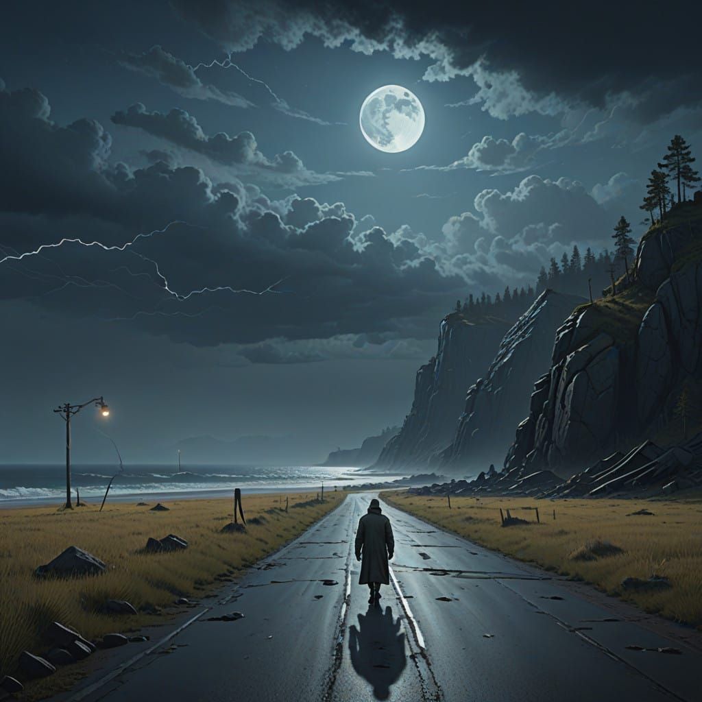 A Lone Figure Walks Under the Moonlit Sky