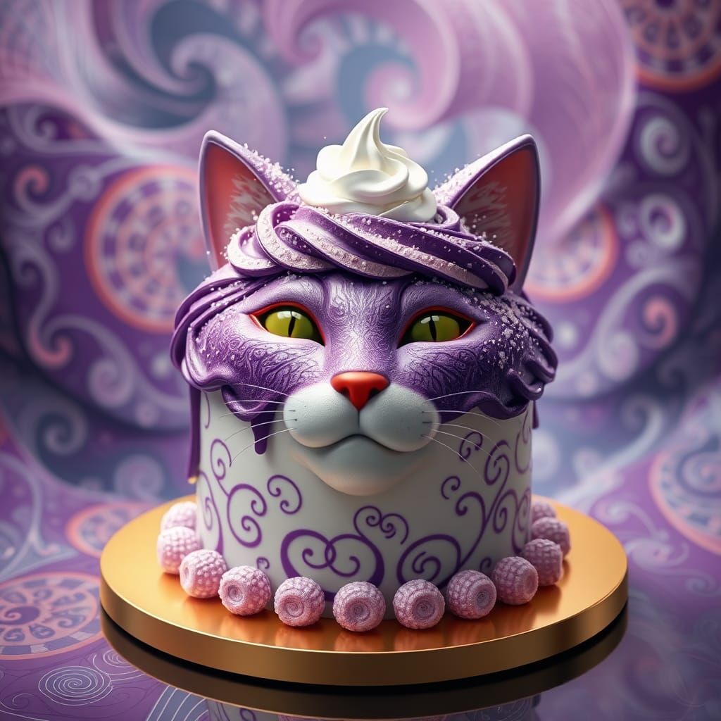 Extravagant Cat Queen Cake with Abstract Fractal Background