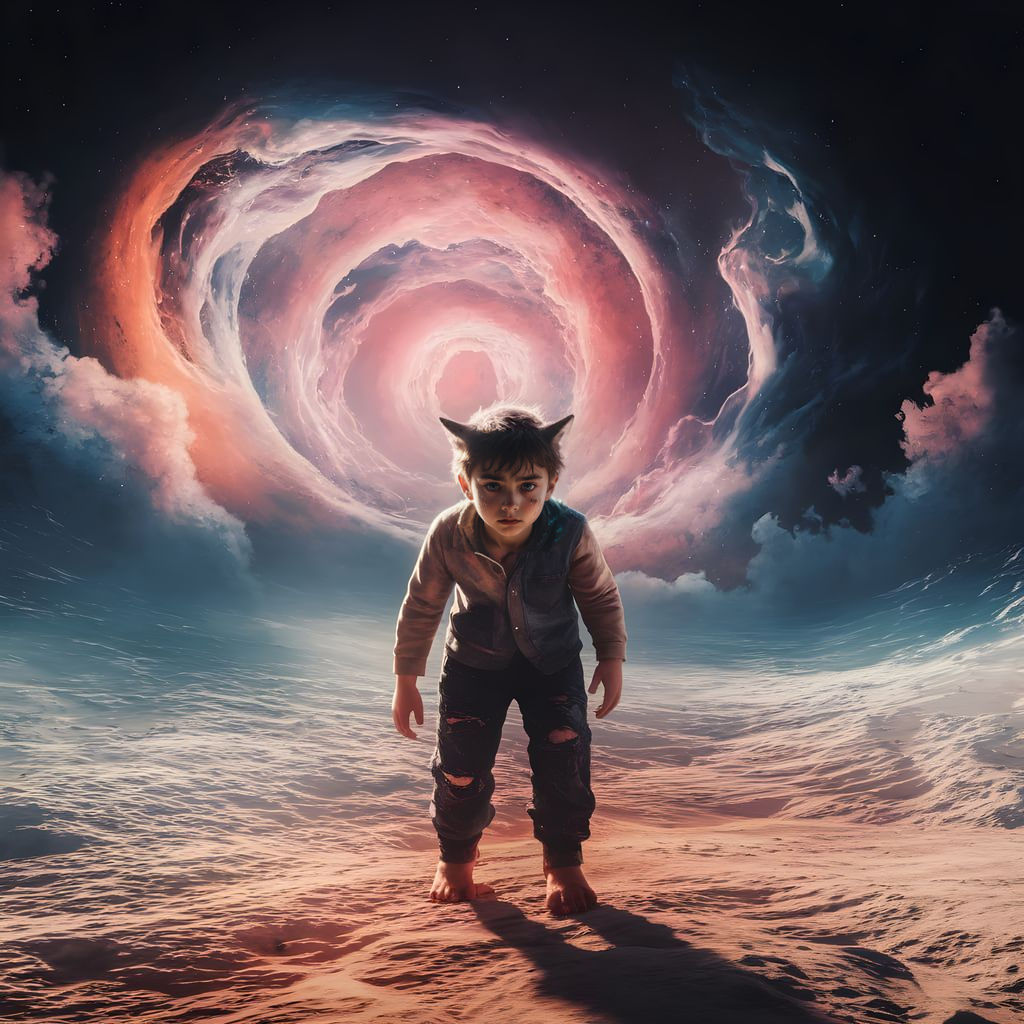 A Young Boy Transforms into a Wolf in a Cosmic Landscape