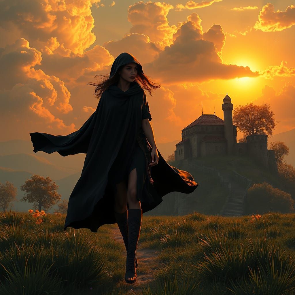Mystical Woman Walks in Golden Field at Sunset, Inspired by...