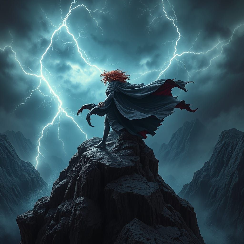 Sorceress Confronts the Fury of the Elements in a Stormy, Ci...