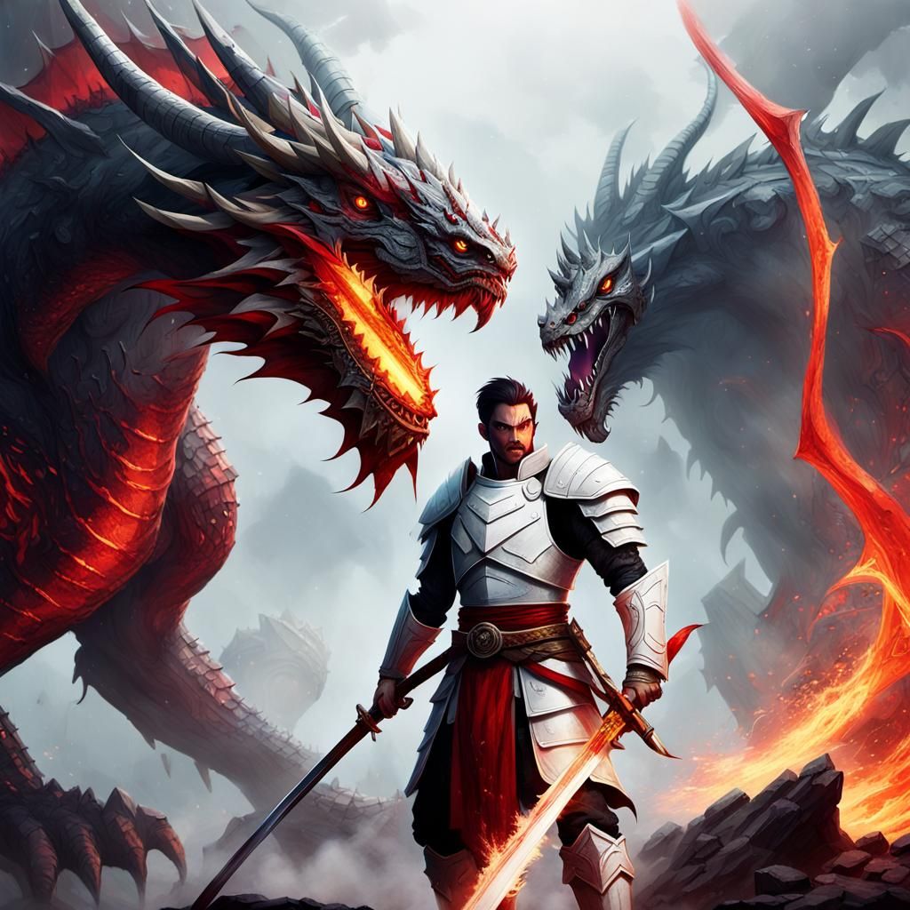 Warrior and Dragon Clash in a Fantasy Scene